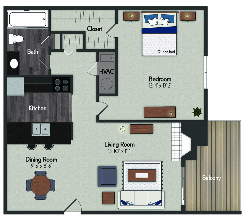 Floor plan for 1 bed, 1 bath, 640 sqft